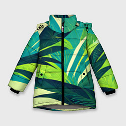 Куртка зимняя для девочки Яркие тропические листья пальмы, цвет: 3D-светло-серый