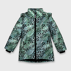 Куртка зимняя для девочки Листья пальмы на леопардовом серо - зеленом фоне, цвет: 3D-черный