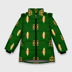 Зимняя куртка для девочки Золото узоры на зеленом фоне