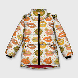 Куртка зимняя для девочки Губы и цветы поп арт хиппи, цвет: 3D-красный