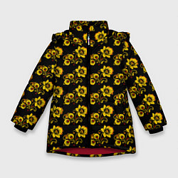 Куртка зимняя для девочки Хохломская роспись цветы на чёрном фоне, цвет: 3D-красный