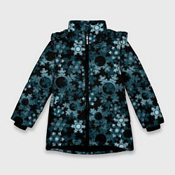 Куртка зимняя для девочки Новогодний рождественский темно синий узор со снеж, цвет: 3D-черный