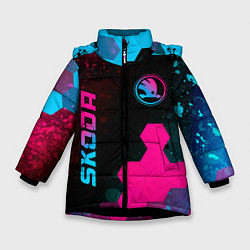 Куртка зимняя для девочки Skoda - neon gradient: надпись, символ, цвет: 3D-черный