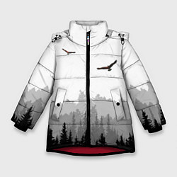 Куртка зимняя для девочки Птицы над лесом, цвет: 3D-красный