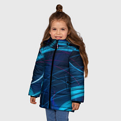 Куртка зимняя для девочки Синие абстрактные линии в темноте, цвет: 3D-красный — фото 2