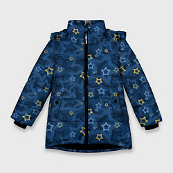 Куртка зимняя для девочки Желтые и синие звезды на синем фоне, цвет: 3D-черный