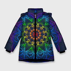 Куртка зимняя для девочки Радужная мандала удачи, цвет: 3D-черный