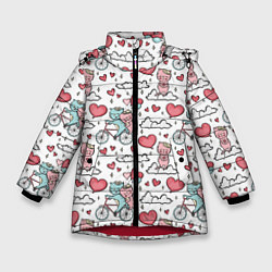 Куртка зимняя для девочки Влюблённые кот и кошка на велосипеде, цвет: 3D-красный