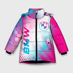 Зимняя куртка для девочки BMW neon gradient style: надпись, символ