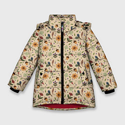 Куртка зимняя для девочки Растения на бежевом фоне, цвет: 3D-красный