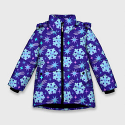 Куртка зимняя для девочки Снежинки со звездами в синем небе, цвет: 3D-черный