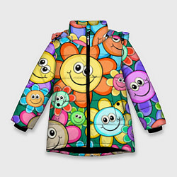 Куртка зимняя для девочки Ромашки - смайлы, цвет: 3D-черный