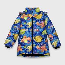 Куртка зимняя для девочки Большие акварельные рыбы, цвет: 3D-черный