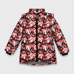 Куртка зимняя для девочки Маски лисиц кицунэ и камелия на черном, цвет: 3D-светло-серый