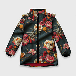 Куртка зимняя для девочки Эффект вышивки разные цветы, цвет: 3D-красный