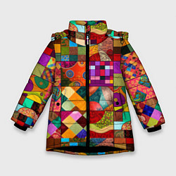 Куртка зимняя для девочки Лоскутное шитье, пэчворк из нейросети, цвет: 3D-черный
