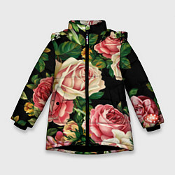 Куртка зимняя для девочки Цветы на черном фоне, цвет: 3D-черный
