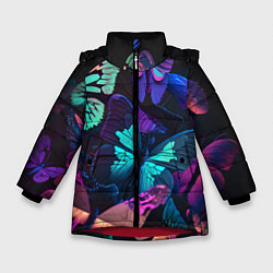 Куртка зимняя для девочки Много неоновых бабочек, цвет: 3D-красный
