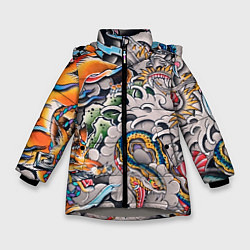 Куртка зимняя для девочки Иредзуми: дракон и лис, цвет: 3D-светло-серый