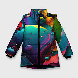 Куртка зимняя для девочки Капли красок, нейросеть, цвет: 3D-черный