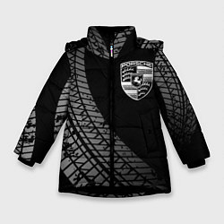 Куртка зимняя для девочки Porsche tire tracks, цвет: 3D-черный
