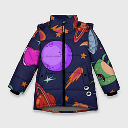 Куртка зимняя для девочки Космический арт планеты, цвет: 3D-светло-серый