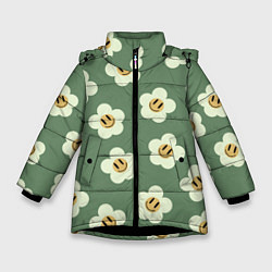 Куртка зимняя для девочки Цветочки-смайлики: темно-зеленый паттерн, цвет: 3D-черный