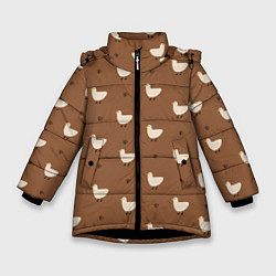 Куртка зимняя для девочки Гуси и травка - паттерн коричневый, цвет: 3D-черный