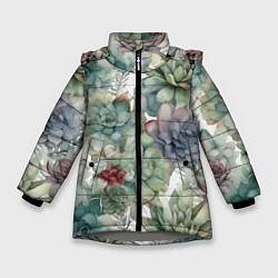 Куртка зимняя для девочки Акварельные суккуленты - паттерн, цвет: 3D-светло-серый