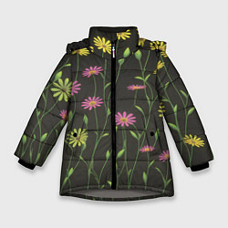 Куртка зимняя для девочки Полевые цветочки на темном фоне, цвет: 3D-светло-серый