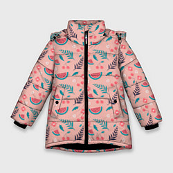 Куртка зимняя для девочки Летний паттерн с арбузом и вишней, цвет: 3D-черный