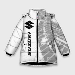 Куртка зимняя для девочки Suzuki speed на светлом фоне со следами шин: по-ве, цвет: 3D-черный