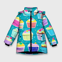 Куртка зимняя для девочки Торты и кексы, цвет: 3D-черный