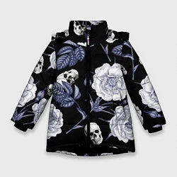 Куртка зимняя для девочки Черепа с розами, цвет: 3D-черный