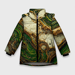 Куртка зимняя для девочки Текстура зелёного мрамора с золотыми прожилками, цвет: 3D-светло-серый