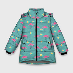 Куртка зимняя для девочки Летний паттерн с фламинго, цвет: 3D-светло-серый