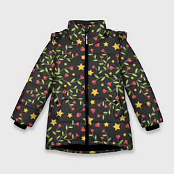 Куртка зимняя для девочки Листочки и звёзды, цвет: 3D-черный