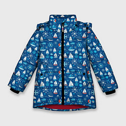 Зимняя куртка для девочки Кораблики синий фон