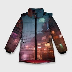 Куртка зимняя для девочки Киберпанк город будущего, цвет: 3D-красный