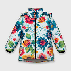 Куртка зимняя для девочки Цветочный узор красивый, цвет: 3D-светло-серый