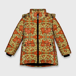 Куртка зимняя для девочки Красно-золотой средневековый узор, цвет: 3D-черный
