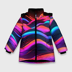 Куртка зимняя для девочки Неоновые фиолетовые волны, цвет: 3D-черный