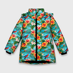 Куртка зимняя для девочки Яркие гавайские цветочки, цвет: 3D-черный