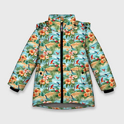 Куртка зимняя для девочки Цветочный гавайский паттерн, цвет: 3D-светло-серый
