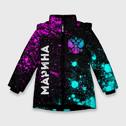 Куртка зимняя для девочки Марина и неоновый герб России: надпись, символ, цвет: 3D-черный