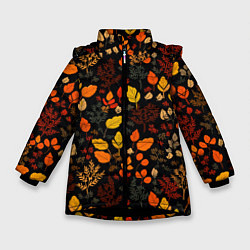 Куртка зимняя для девочки Осенние листья на черном фоне, цвет: 3D-черный