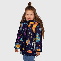 Куртка зимняя для девочки Яркий космический паттерн, цвет: 3D-красный — фото 2