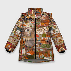 Куртка зимняя для девочки Коллаж из сказочных зверей - совы, белки, ёжики, цвет: 3D-светло-серый