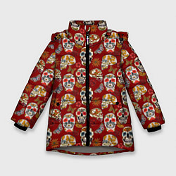 Куртка зимняя для девочки Мексиканские черепа с бабочками, цвет: 3D-светло-серый