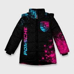 Куртка зимняя для девочки Porsche - neon gradient: надпись, символ, цвет: 3D-черный
